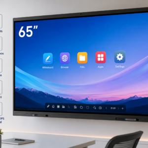 Pantalla interactiva de 65 pulgadas con Android 16, cámara inteligente y pantalla multitáctil para educación y empresas en Ecuador.